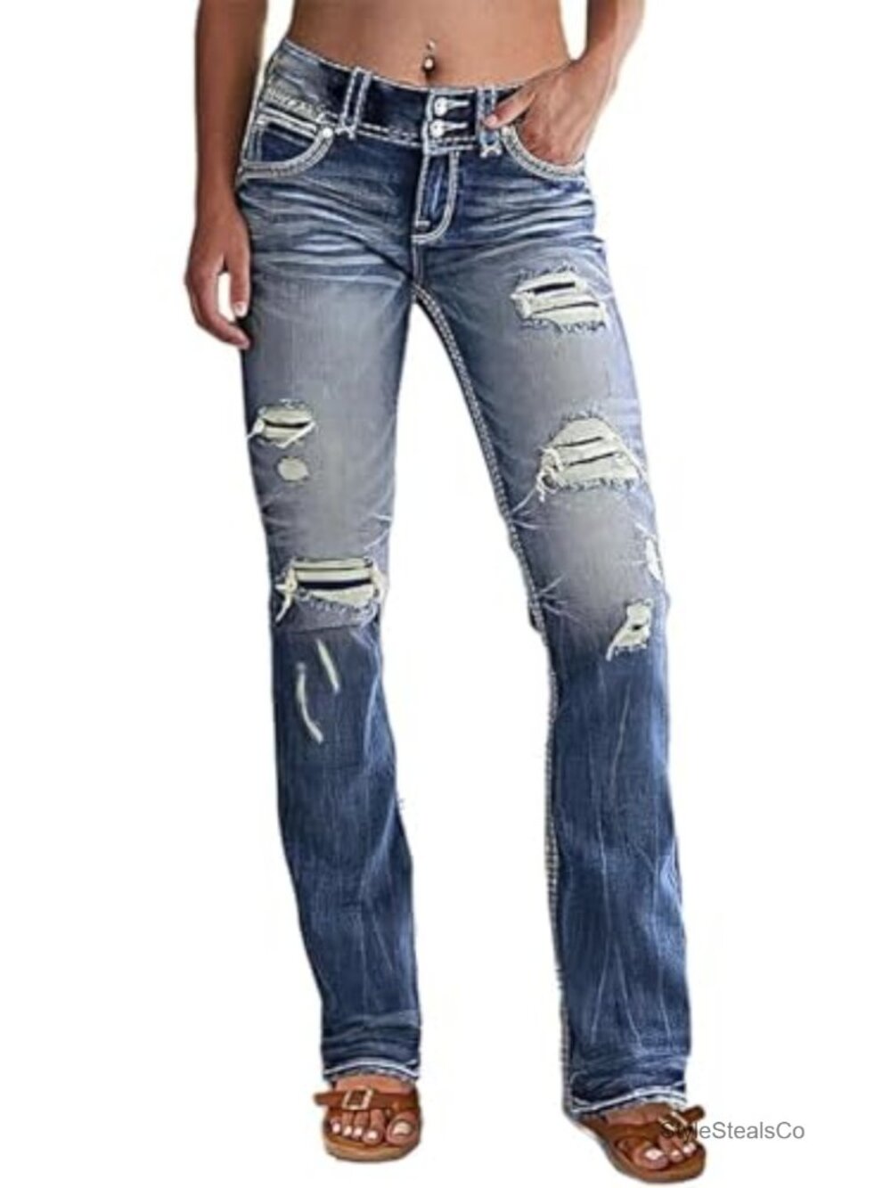Flamingals Distressed Bootcut Low Rise Ripped Flare Jeans Stretchy Cotton Blend